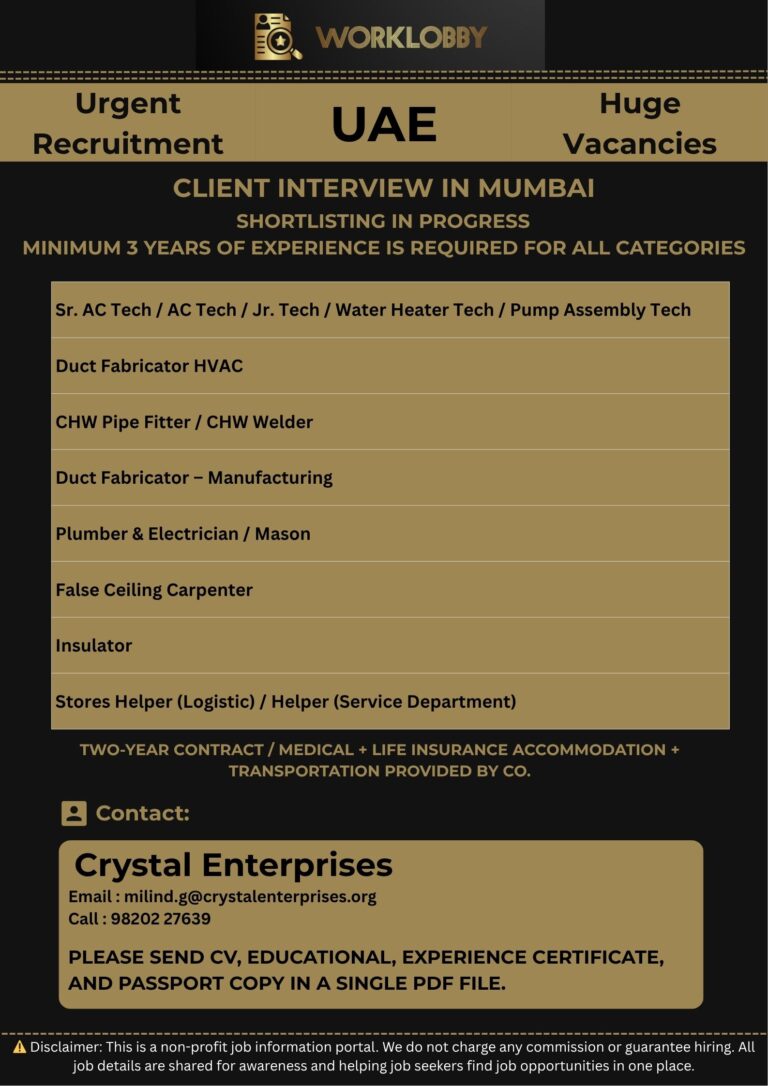 Urgent Requirement for Manufacturing & Maintenance Co. – UAE – 2025