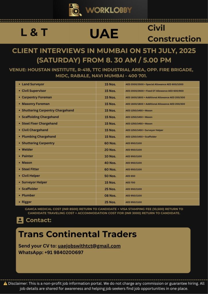 Requirement for L&T Civil Construction Project in UAE Abu Dhabi – 2025