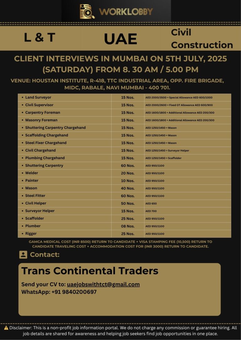 Requirement for L&T Civil Construction Project in UAE Abu Dhabi – 2025