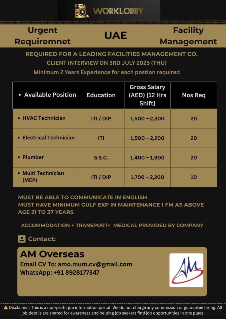Job Opening for Facilities Management Company in UAE, 2025
