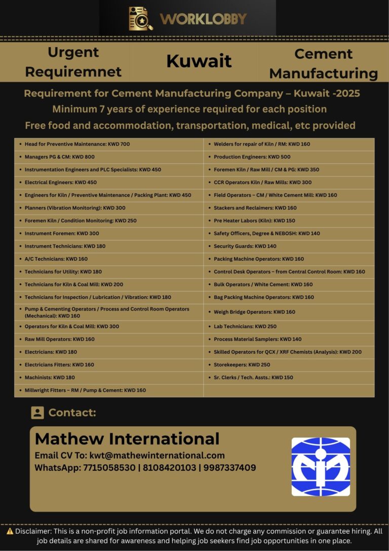 🏭 Urgent Requirement for Cement Manufacturing Company – Kuwait | 2025 🇰🇼