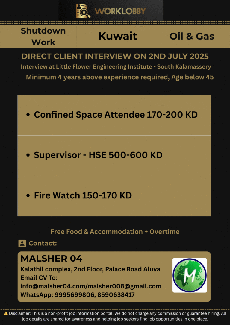 🔥 Free Recruitment for Kuwait – Shutdown Work | July 2025