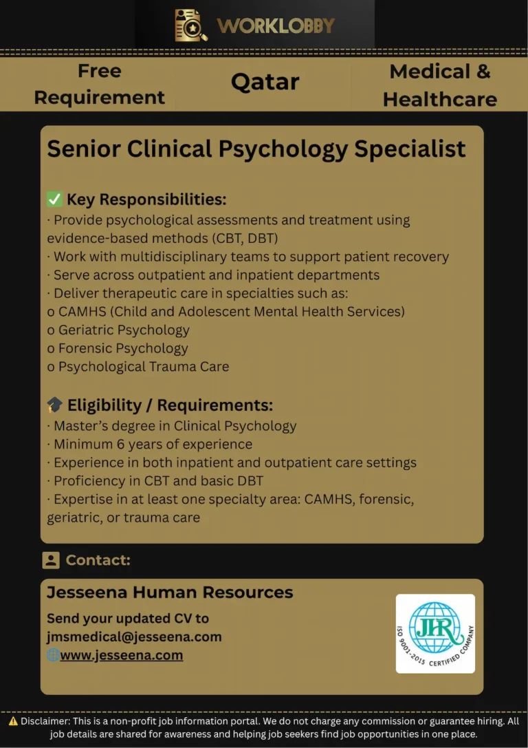 π§  Senior Clinical Psychology Specialist Job in Qatar β Government Hospital Hiring