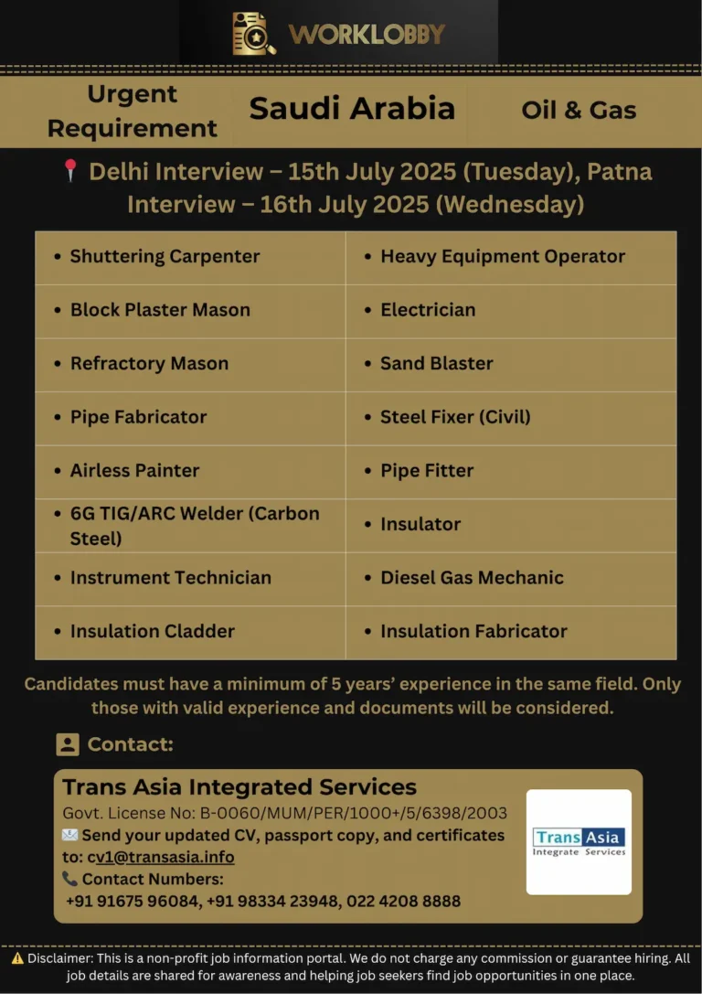 KSA Oil & Gas Project Jobs – Client Interview in Delhi & Patna