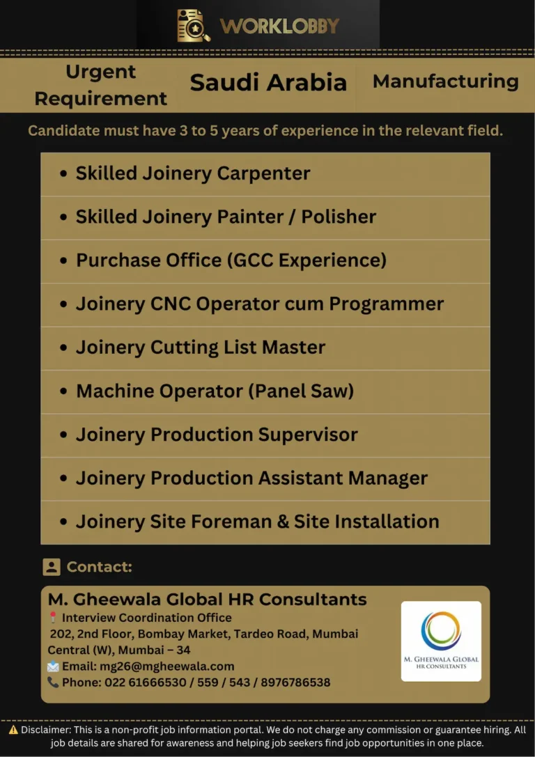 Saudi Arabia Joinery Jobs – Interior Furniture Factory Hiring
