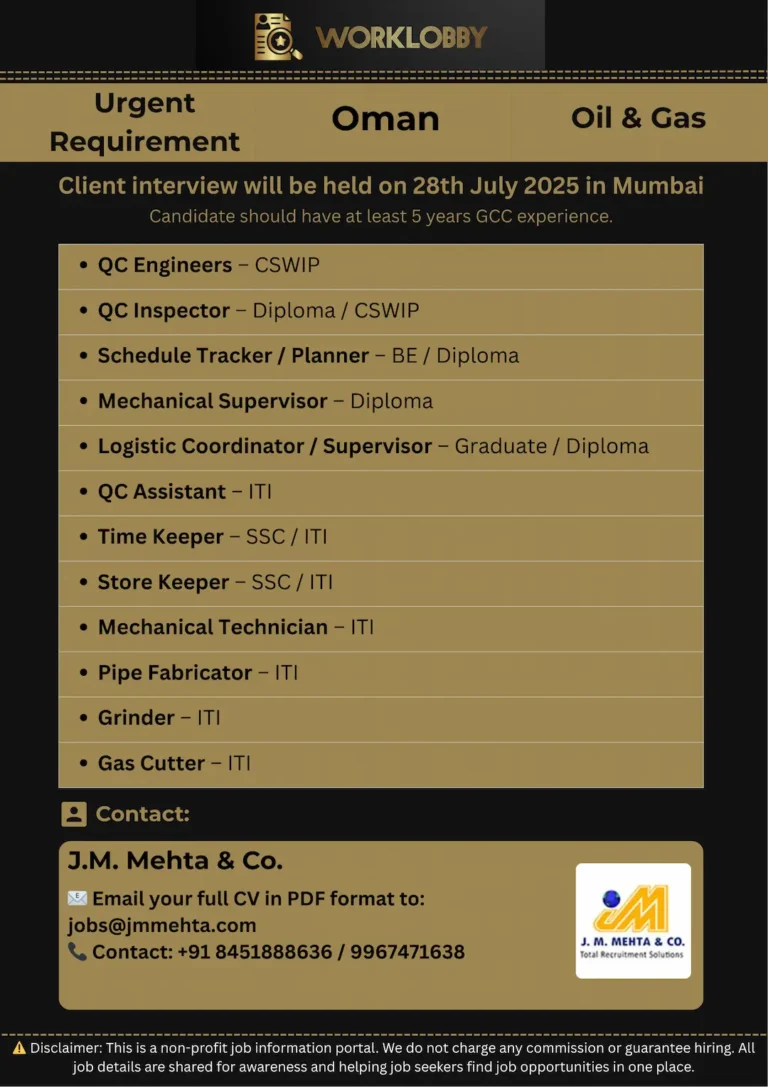 Oman Short Term Jobs – Oil & Gas Openings | Interview in Mumbai