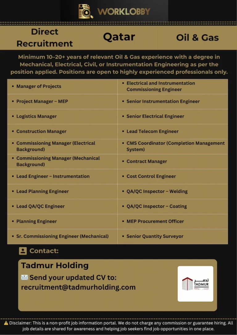 🚨Direct Hiring – Apply Now for Oil & Gas Engineering Jobs in Qatar