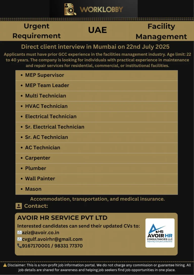 π οΈ Urgent Hiring for Facilities Management Jobs in Dubai β Interviews on 22nd July