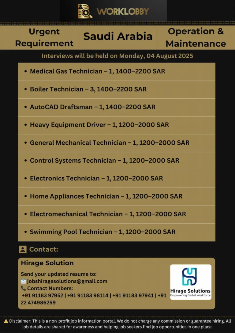 Now Hiring: Maintenance Jobs in Saudi Arabia – Riyadh & Dammam (Hospital Projects)