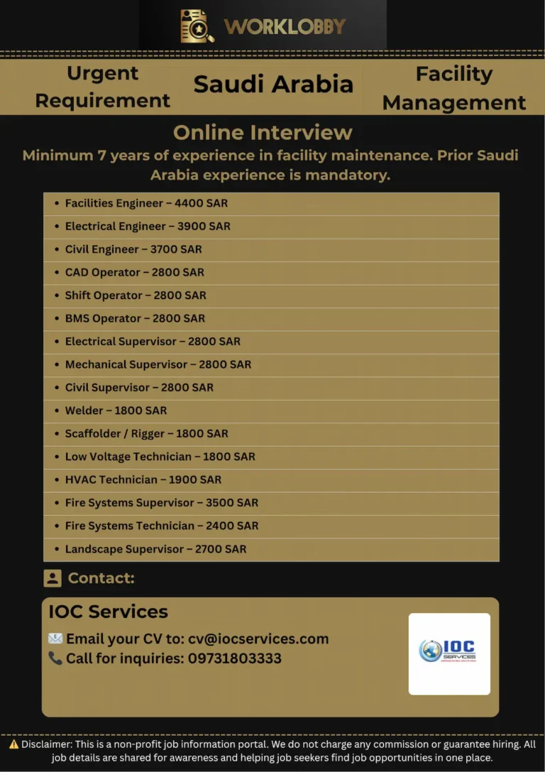 Urgent Hiring for Facility Maintenance Roles in Saudi Arabia