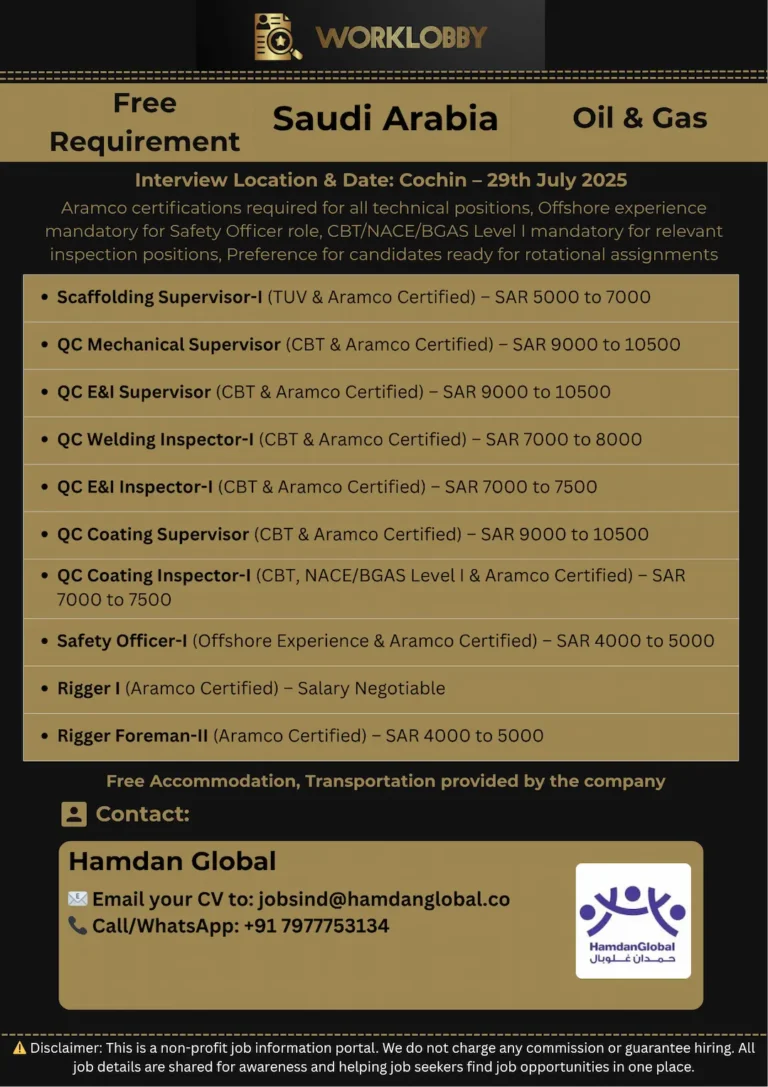 🚢 Saudi Offshore Jobs – Cochin Interview on 29th July