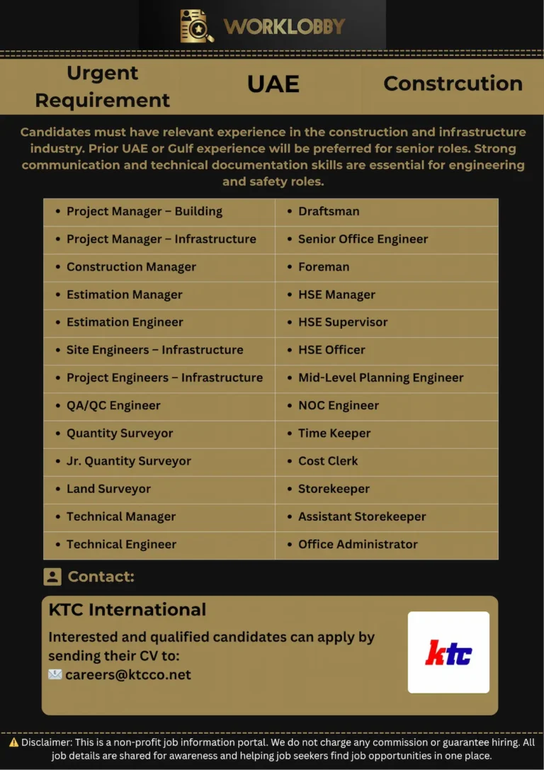 π¨ Exciting Construction & Infrastructure Jobs in Dubai β KTC UAE Hiring 2025