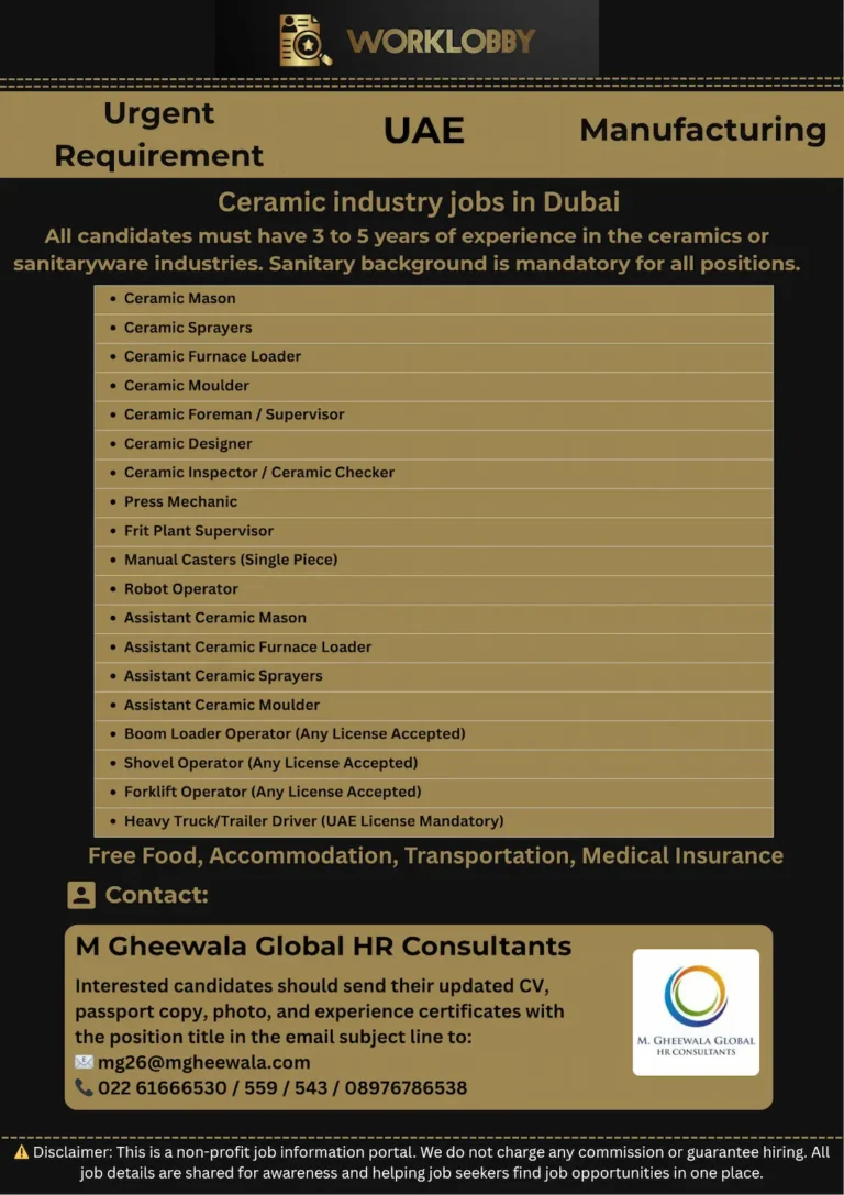 🚨 Ceramic Industry Jobs in Dubai – Apply Now