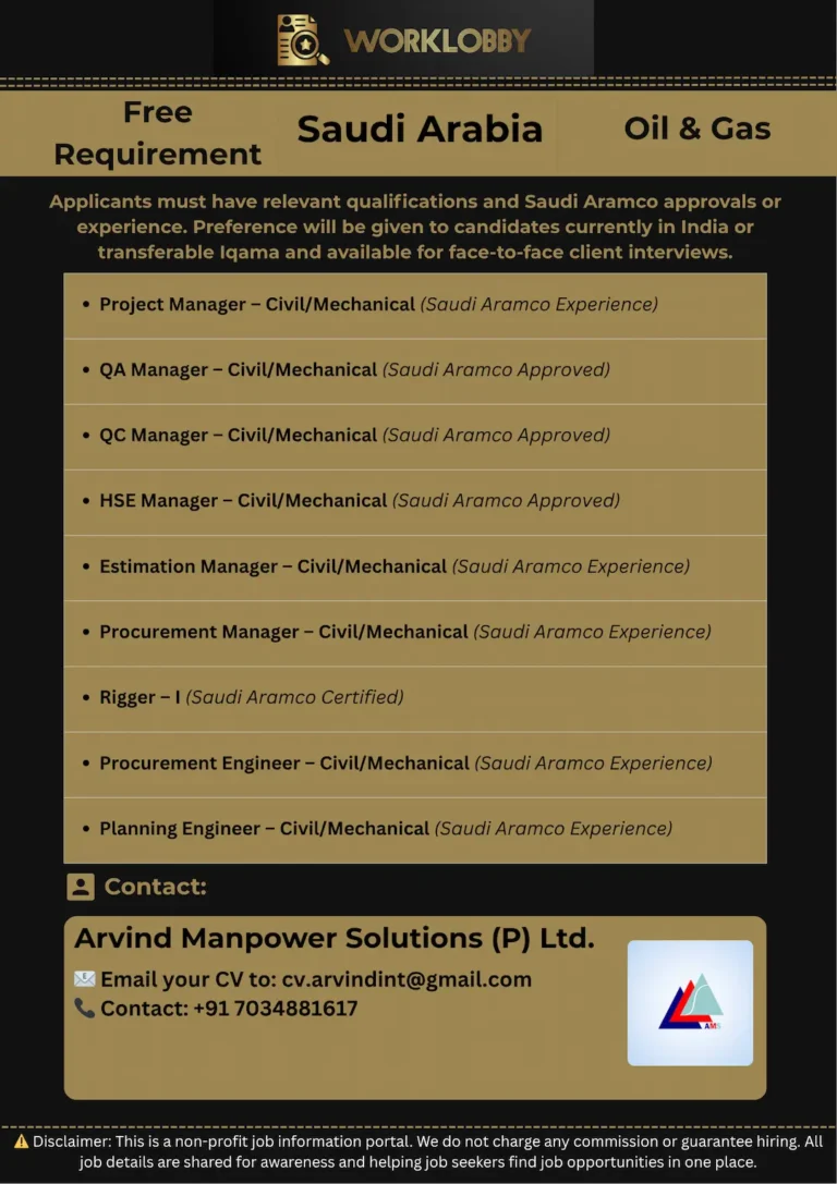 🏗️ Saudi Aramco Approved Jobs – Free Recruitment by Arvind Manpower