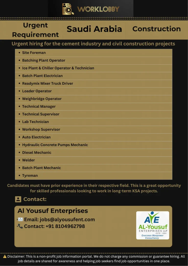 Urgent Hiring for KSA Cement Industry & Civil Construction Projects