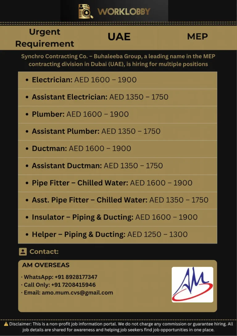 🔧 MEP Jobs in Dubai – Synchro Contracting Co. | Interview on 16th August