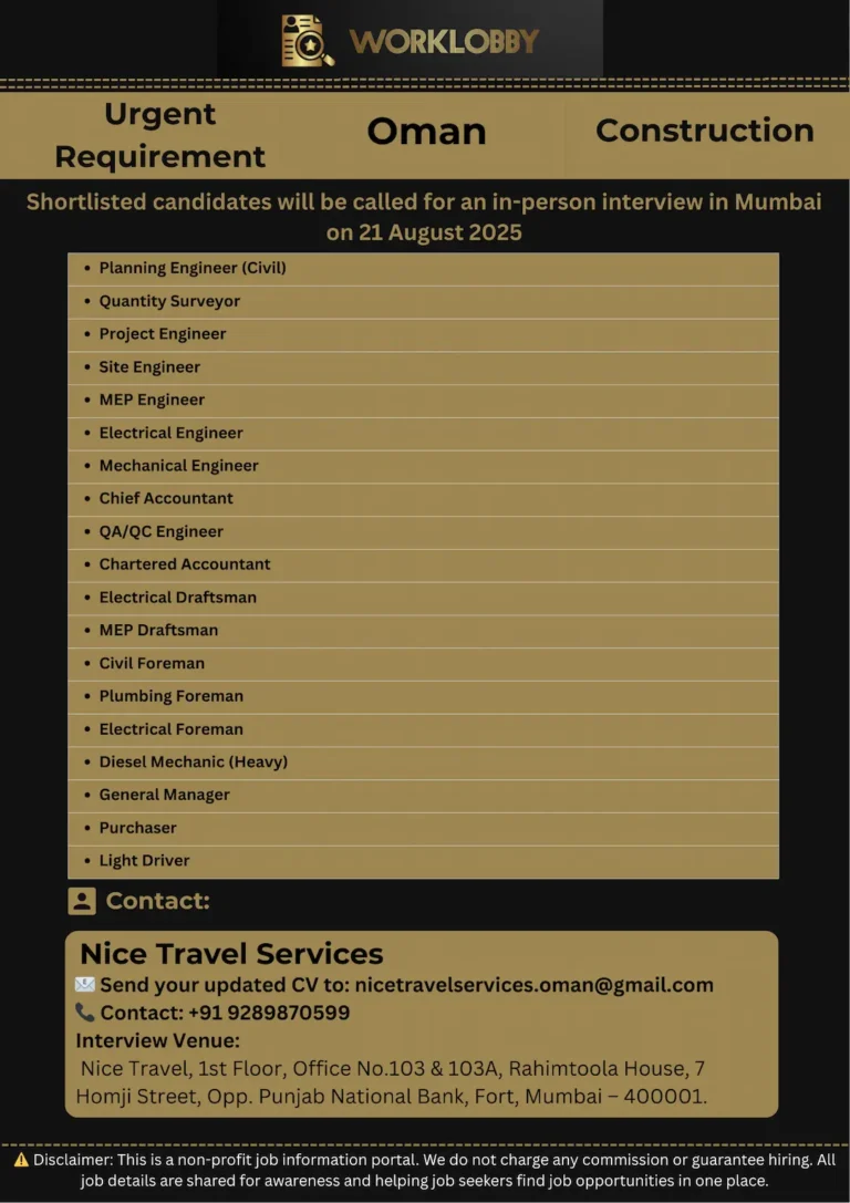 Oman Big Construction Company Recruitment โ Client Interview in Mumbai on 21 August 2025