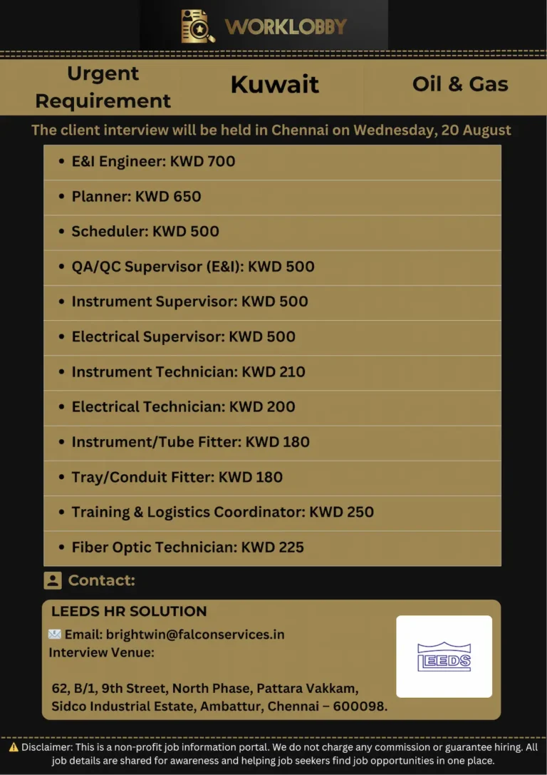 Kuwait Equate Turnaround Project โ Short Term Jobs | Client Interview in Chennai on 20 August 2025