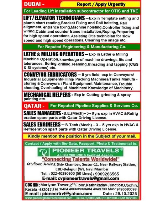 Lift/Elevator Technician Jobs in Qatar – Multiple Positions