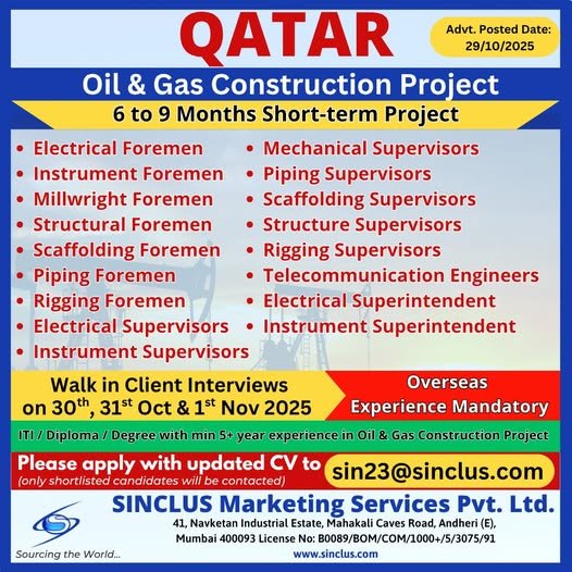 Construction Jobs in Gulf – Structural, Scaffolding, Piping, Electrical, and Instrument Supervisors
