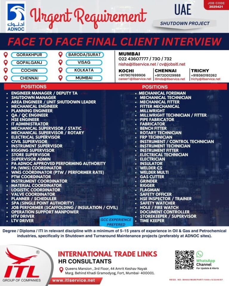 Shutdown Project Jobs in Gulf Countries – Multiple Positions