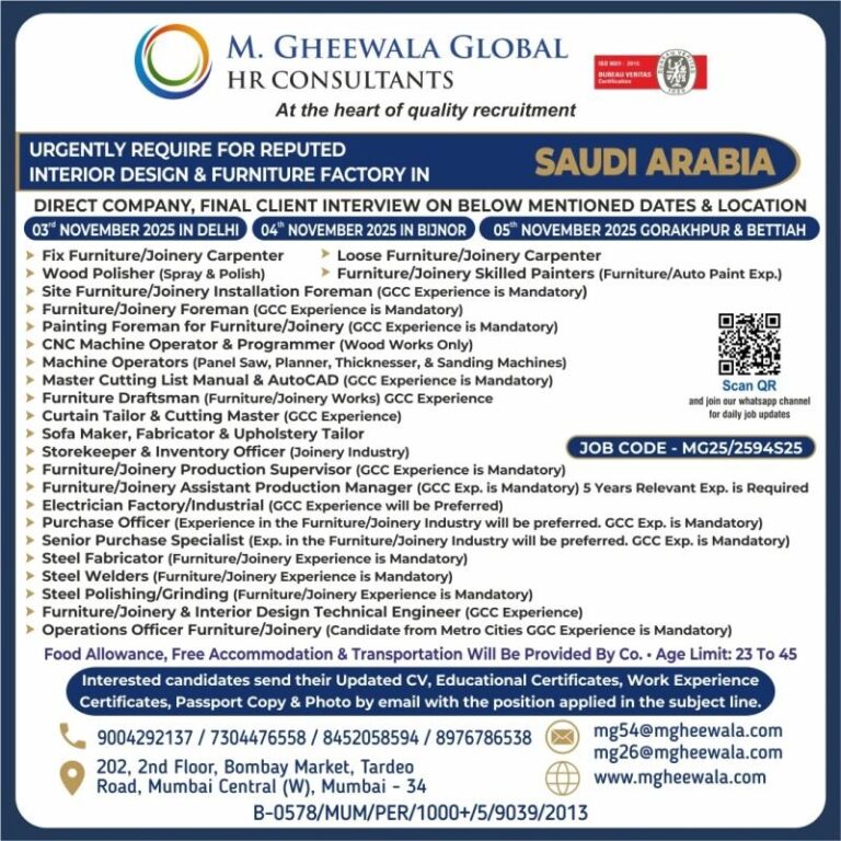 Interior Design and Furniture Factory Jobs in Saudi Arabia – Various Positions