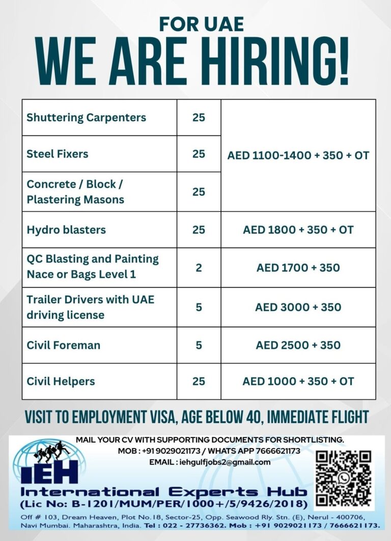Shuttering Carpenter and Construction Jobs in UAE – Multiple Positions