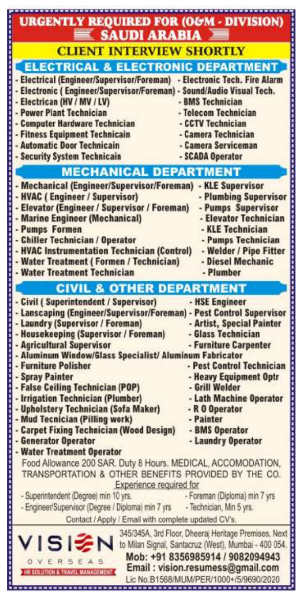 Electrical, Mechanical, and Civil Jobs in Saudi Arabia – Engineer, Supervisor, and Technician