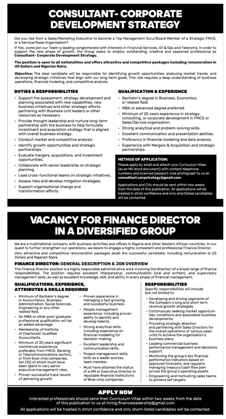 Consultant and Finance Director Jobs in Nigeria – Corporate Development and Finance Leadership
