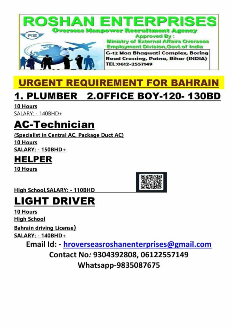 Plumber, Office Boy, AC-Technician, Helper, and Light Driver Jobs in Bahrain – 5 Positions