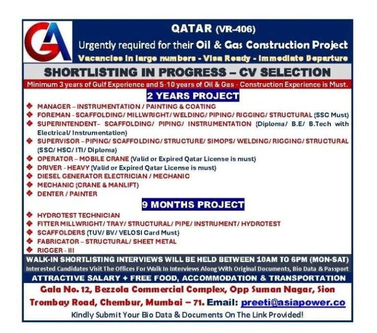 Oil and Gas Construction Jobs in Qatar – Project Manager, Foreman, Superintendent