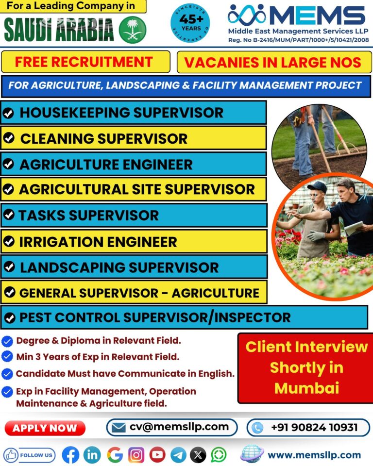 Housekeeping and Agriculture Jobs in Saudi Arabia – Supervisor and Engineer Positions