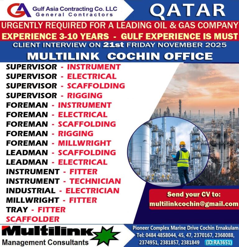 Construction Jobs in Gulf – Supervisor, Foreman, Leadman, Instrument, Industrial, Millwright, Tray
