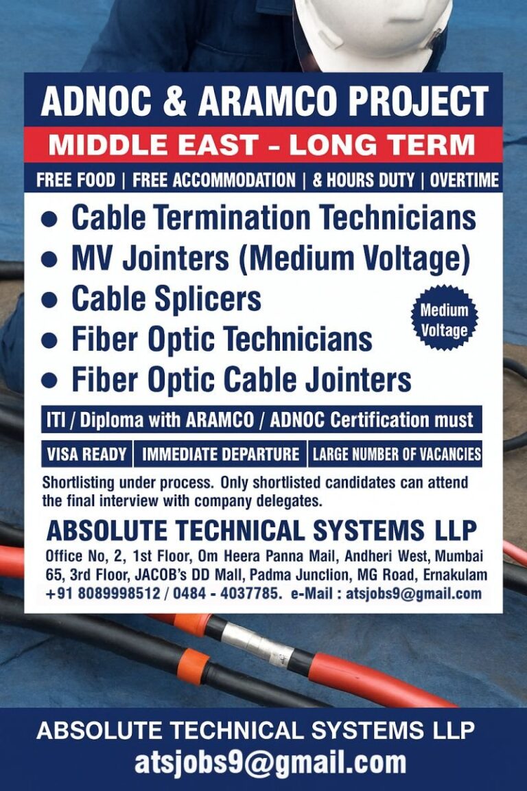 Cable Termination Technicians Jobs in Middle East – ADNOC & ARAMCO Project