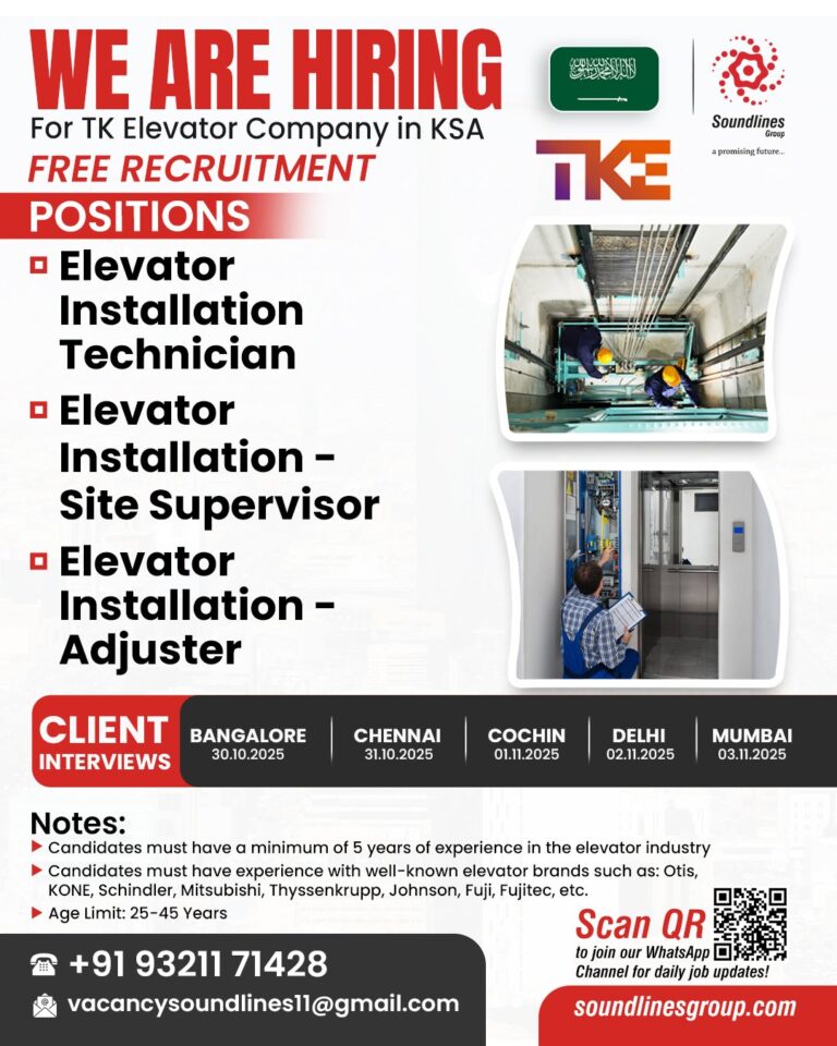 Elevator Installation Jobs in Saudi Arabia – Installation Technician, Site Supervisor, Adjuster