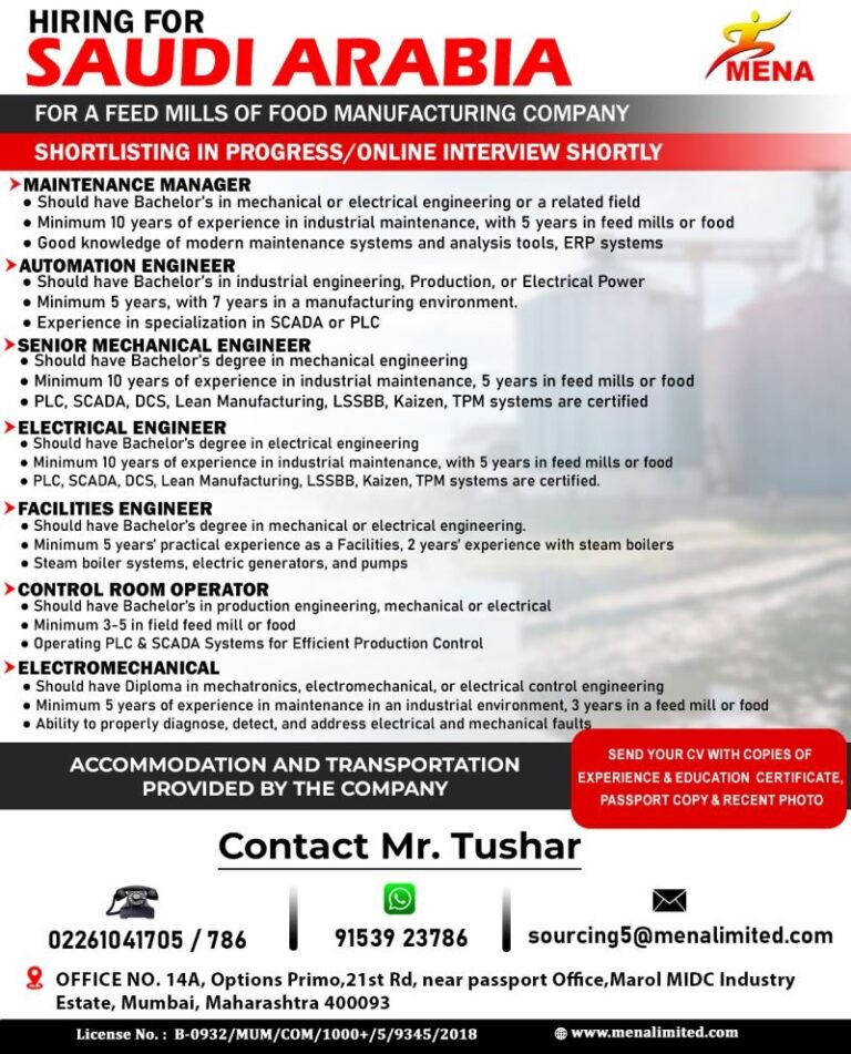 Maintenance and Engineering Jobs in Saudi Arabia – Feed Mill Industry