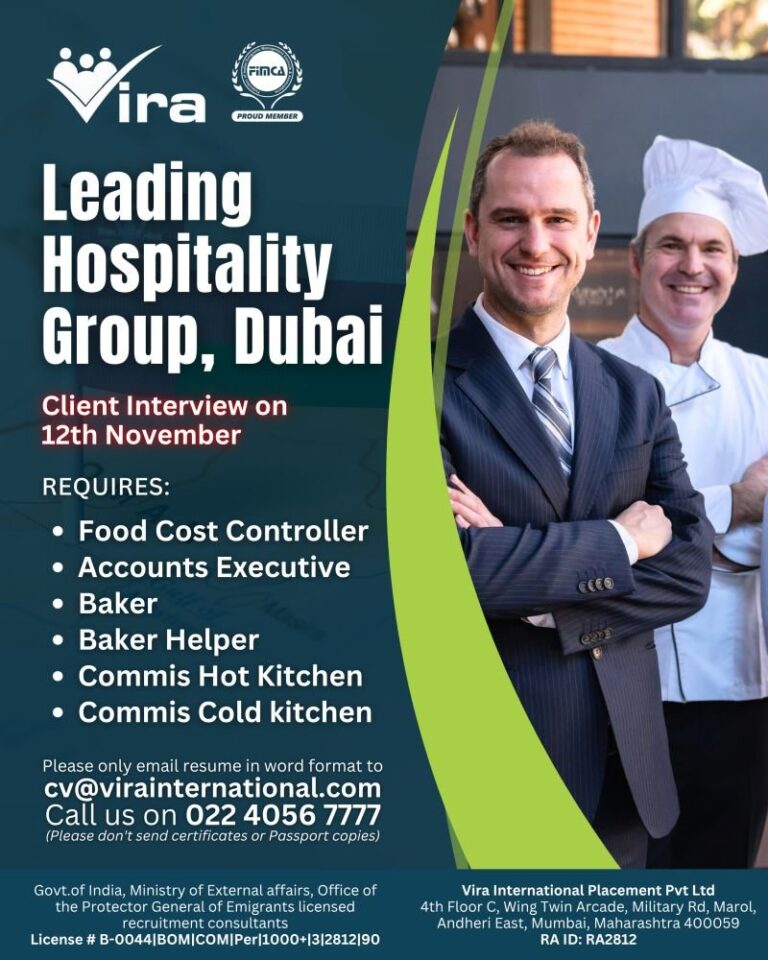 Hospitality Jobs in Dubai – Food Cost Controller, Accounts Executive, Baker