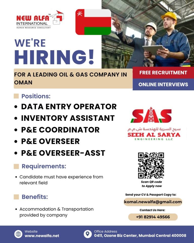 Data Entry Operator Jobs in Oman – Data Entry Operator, Inventory Assistant, P&E Coordinator, P&E Overseer, P&E Overseer-ASST