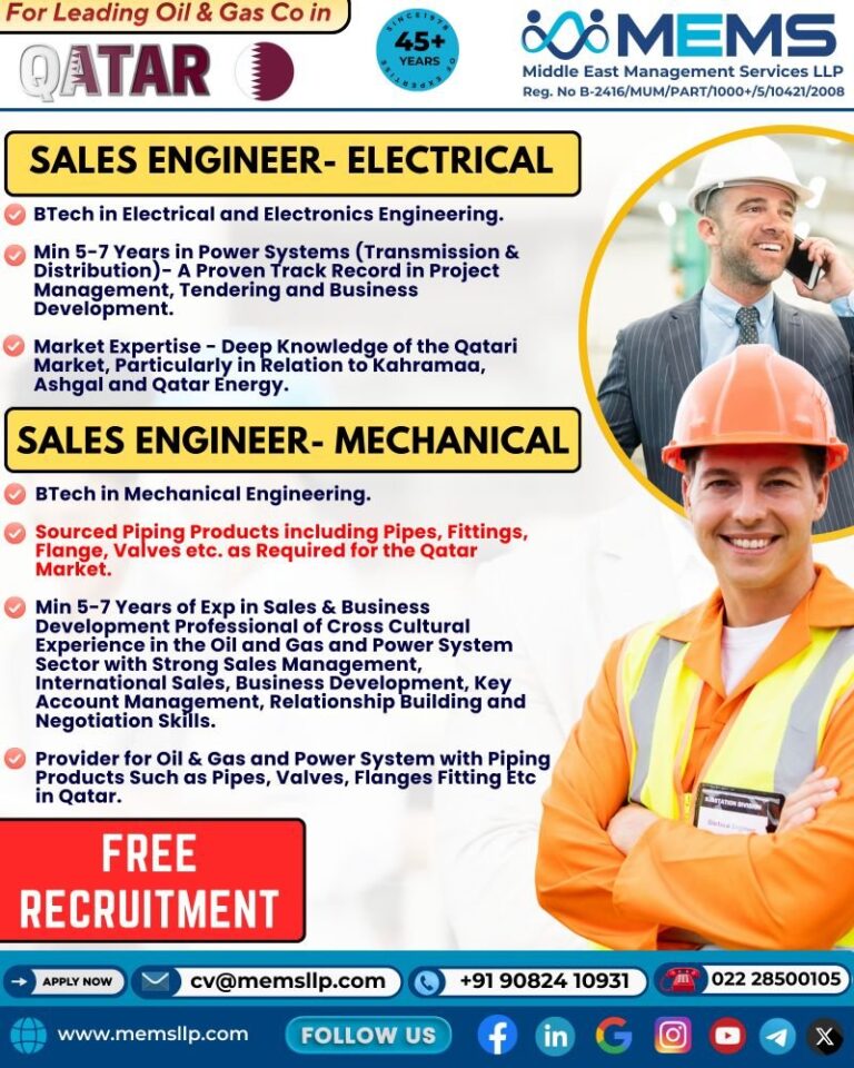 Sales Engineer Jobs in Qatar – Electrical and Mechanical