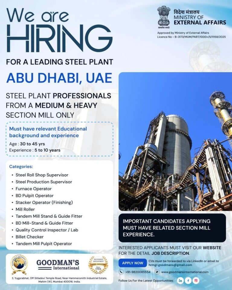 Steel Plant Jobs in Gulf – Steel Roll Shop Supervisor, Steel Production Supervisor, Furnace Operator