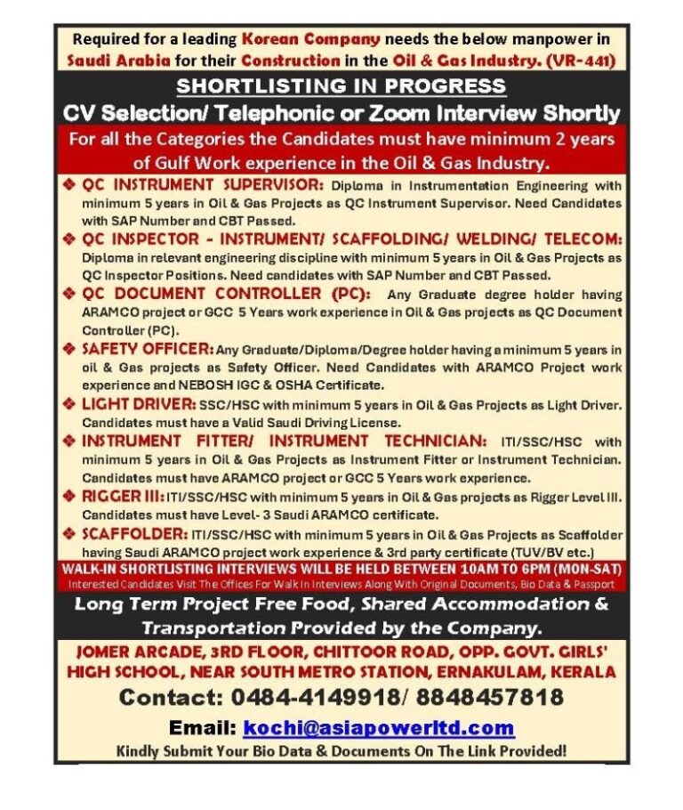 Oil and Gas Jobs in Saudi Arabia – Instrument, QC, Safety, and Driving Positions