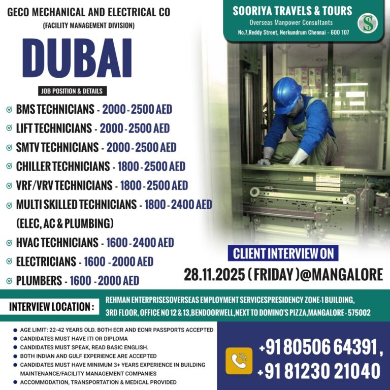 Mechanical and Electrical Jobs in Dubai – BMST, Lift, SM TV, Chiller, VRF/VRV, and Multi Skilled Technicians
