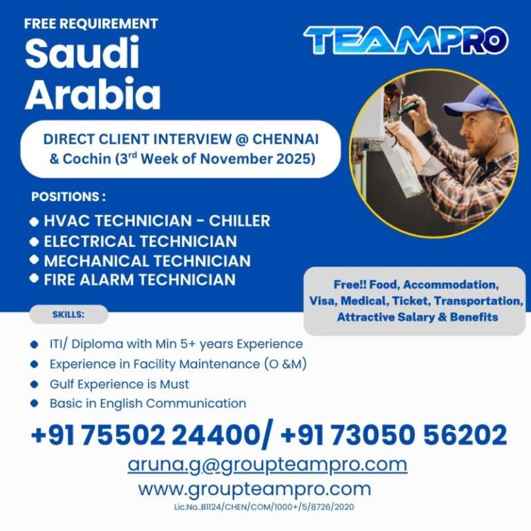 HVAC Technician Jobs in Saudi Arabia – HVAC Technician, Electrical Technician, Mechanical Technician, Fire Alarm Technician
