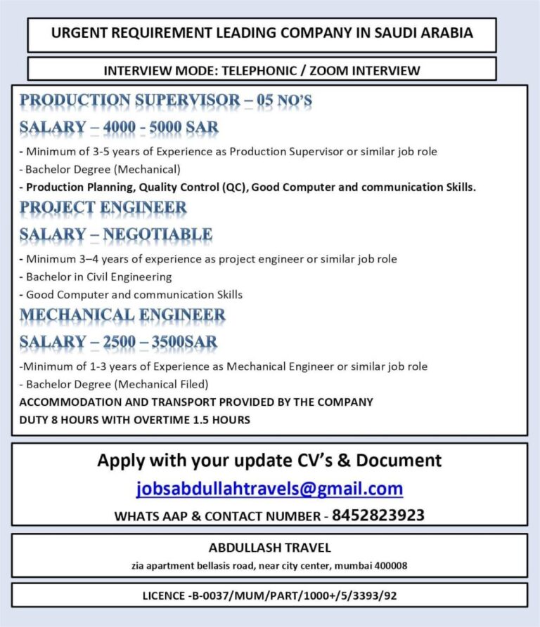Production and Engineering Jobs in Saudi Arabia – Multiple Positions