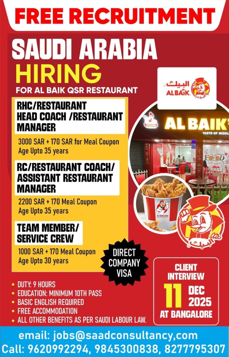 Restaurant Jobs in Saudi Arabia – Head Coach, Restaurant Manager, Restaurant Coach, Assistant Restaurant Manager, Team Member, Service Crew