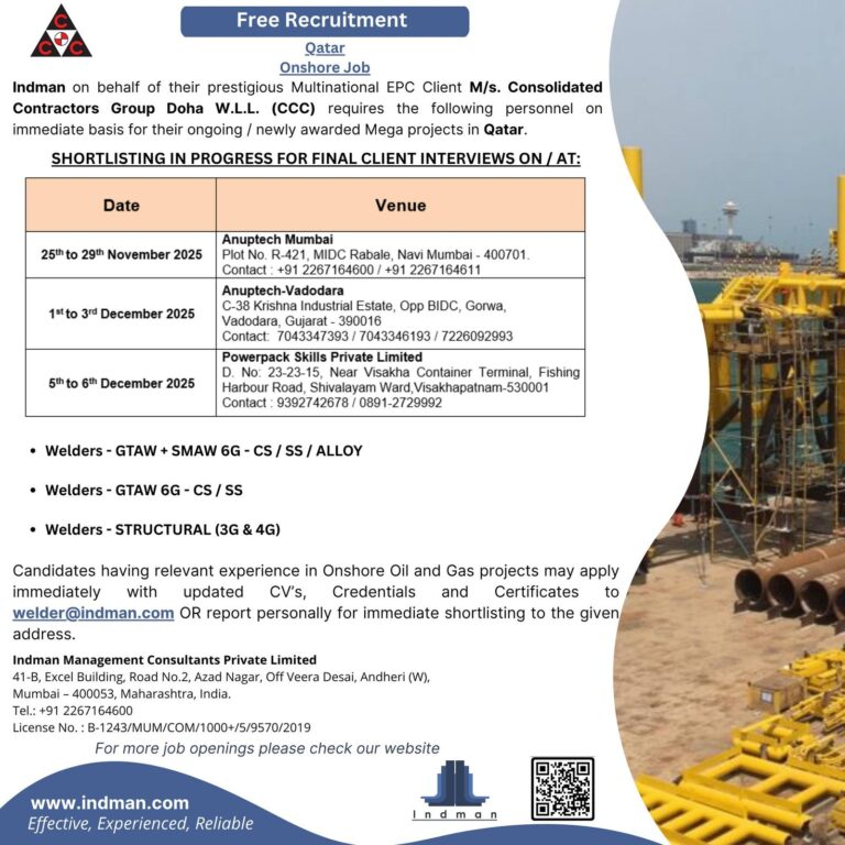 Welder Jobs in Qatar – Onshore Oil and Gas Projects