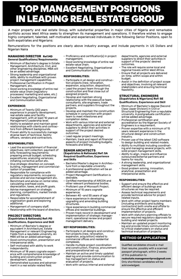 Management Jobs in Nigeria – Top Real Estate Group