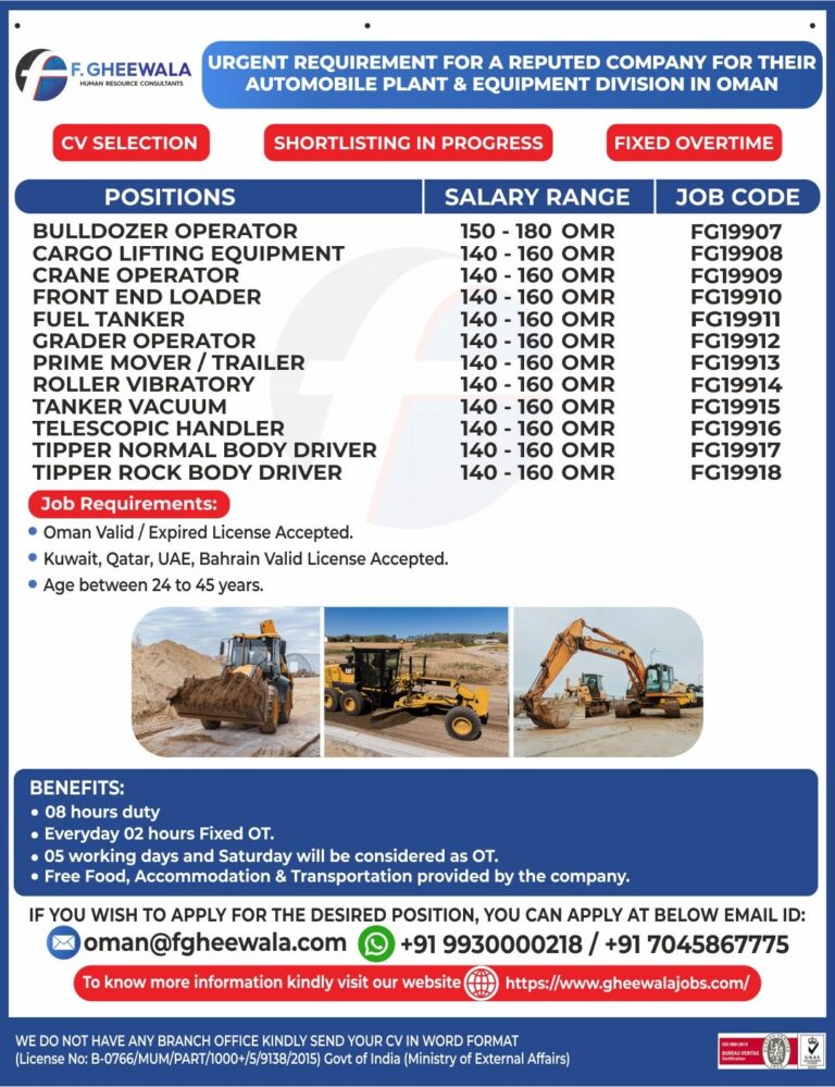 Heavy Equipment Operator Jobs in Oman – Bulldozer, Crane, and Truck Drivers