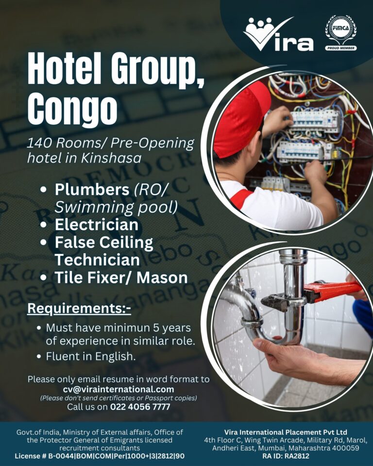 Hotel Jobs in Congo – Plumbers, Electrician, False Ceiling Technician, Tile Fixer/Mason