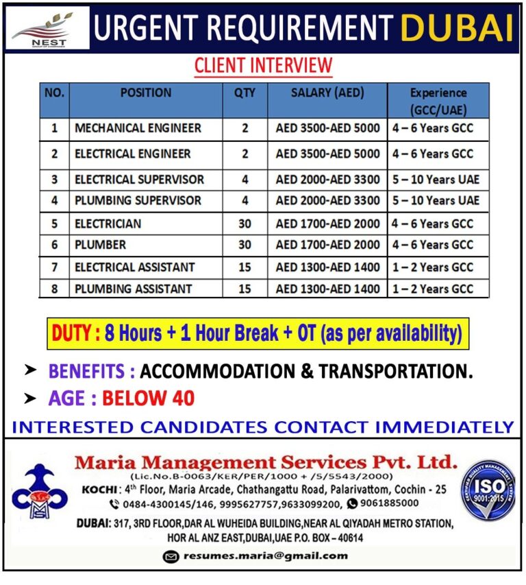 Mechanical and Electrical Engineer Jobs in UAE – Multiple Positions